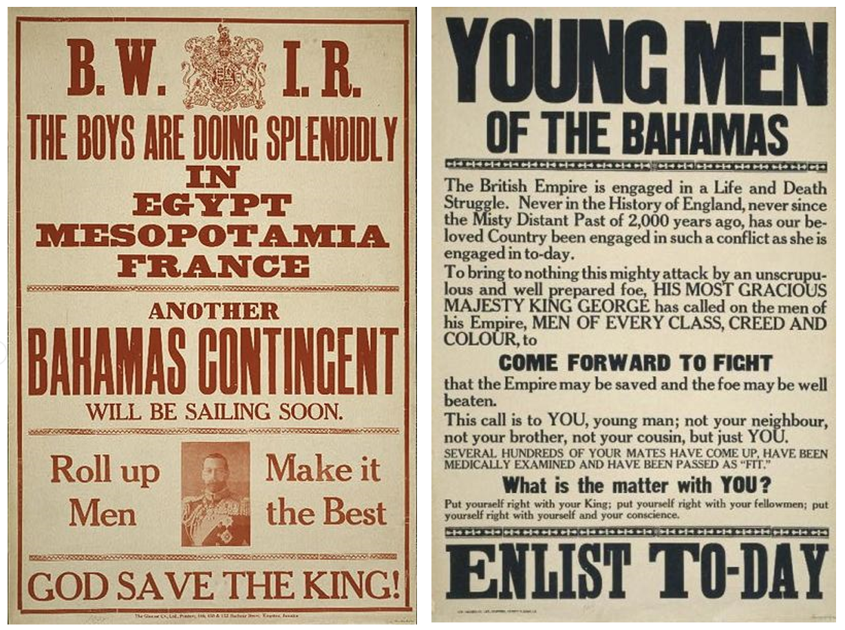 Army recruitment posters worded to encourage the young men of the Bahamas