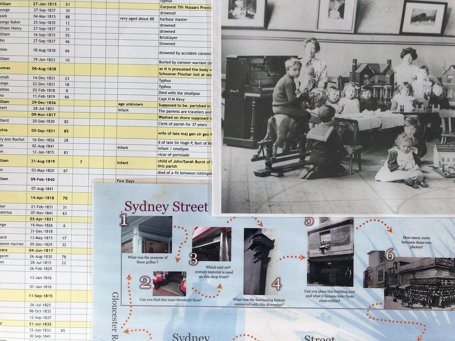 Photo showing table of burial records, a themed town walk and an old photo of schoolchildren