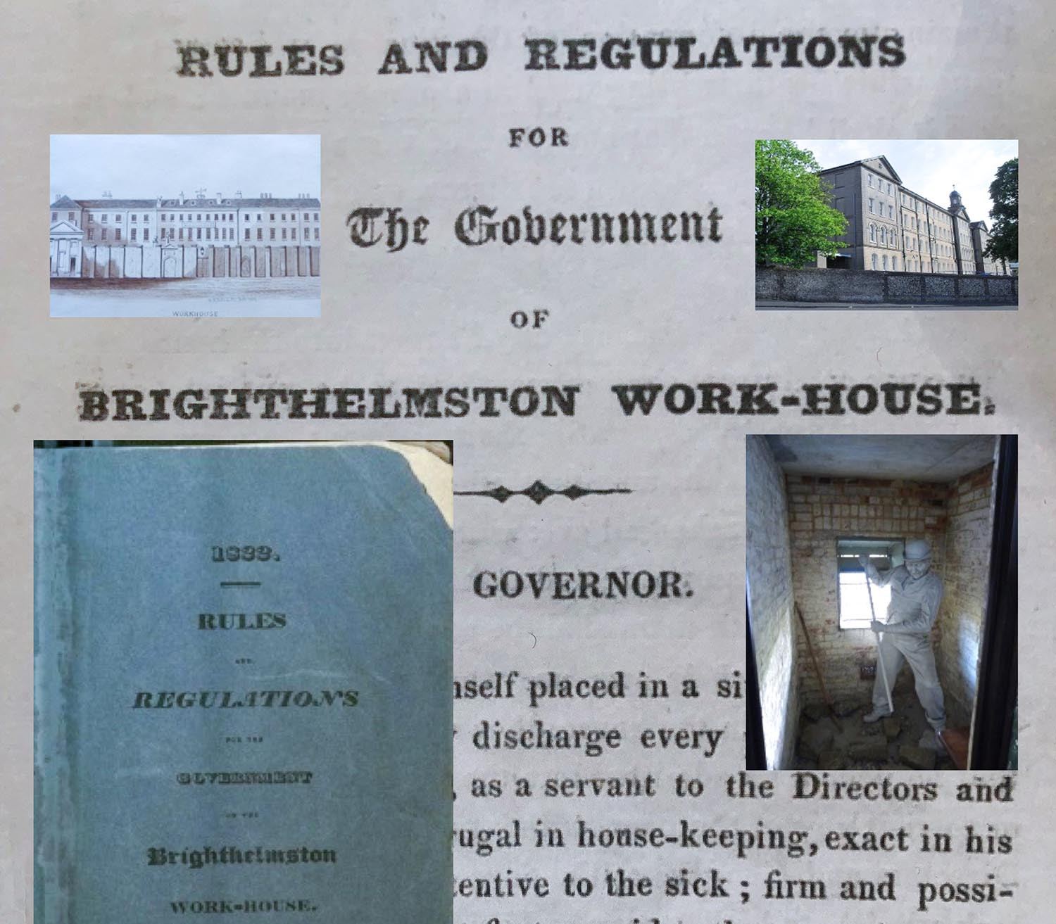Photo showing the 'Rules and Regulations of the Workhouse', together with other images relating to life in the workhouse