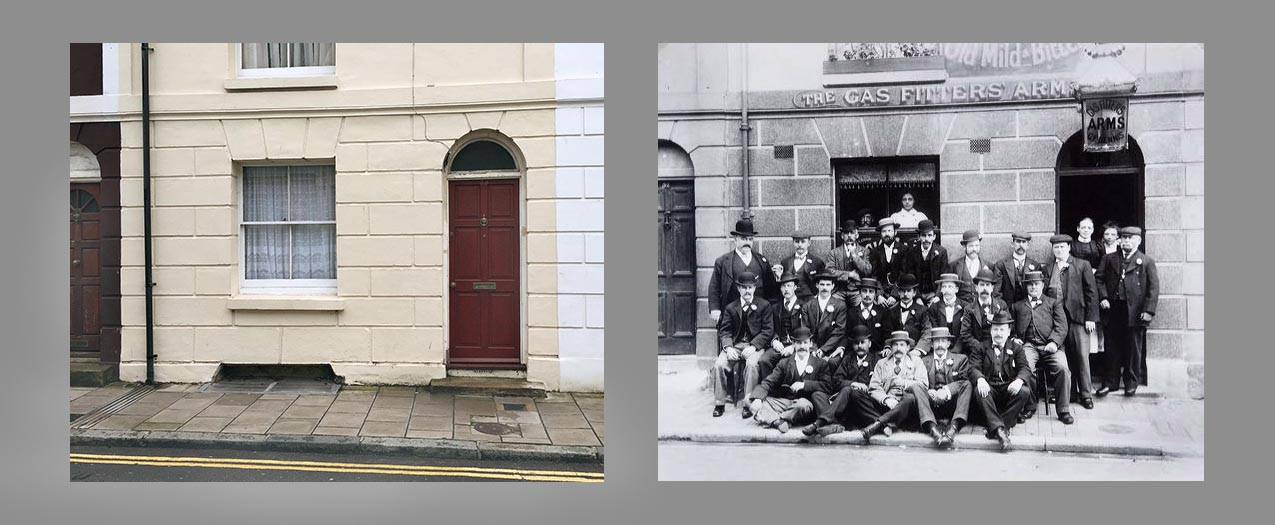 Two photographs of the same building: one taken recently and showing a private residence, and one taken around 1900 showing a large group of men outside what was then a pub 