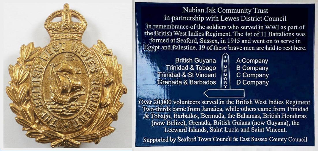 Photo showing gold-coloured insignia badge and white-on-blue enamelled memorial plaque