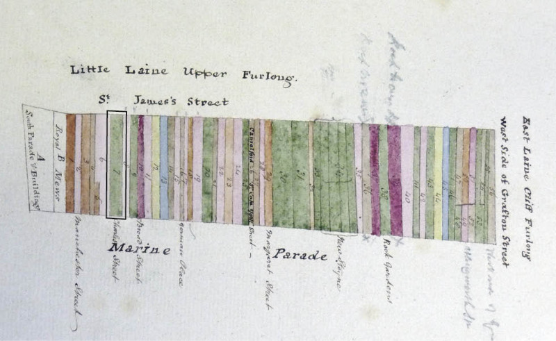 An old map showing strips of land, each coloured and numbered to indicate its owner.