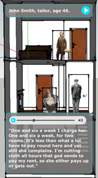 Screenshot of prototype software showing cut-away building with audio controls and text transcript beneath