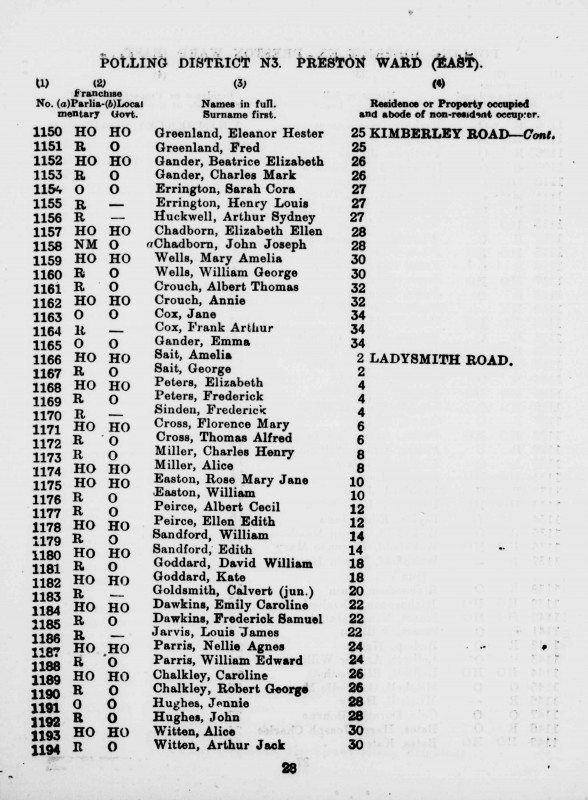 Electoral register data for Mary Amelia Wells