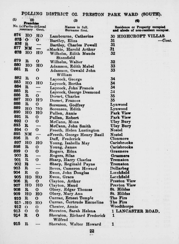 Electoral register data for Edith Maude Stansfield Wilhelm