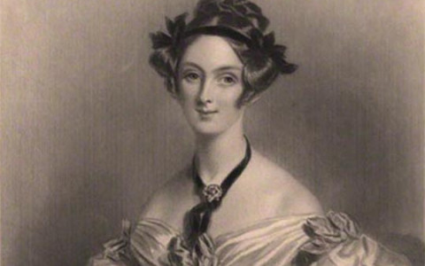Monochrome engraving of Lady Adelaide Russell, seated and wearing a pale silk gown.