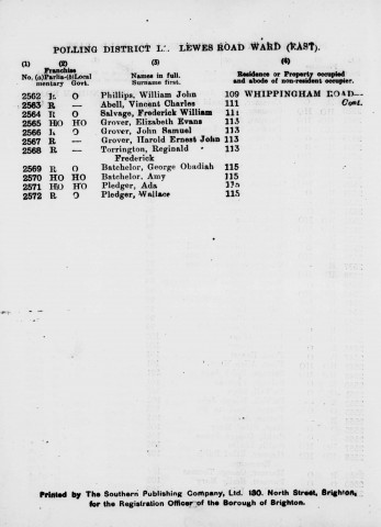 Electoral register data for Reginald Frederick Torrington
